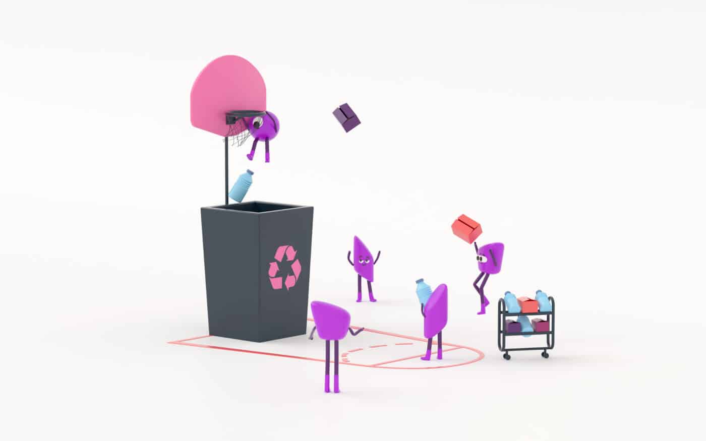 Des petits personnages 3D jouent au basket autour d’une corbeille de recyclage.