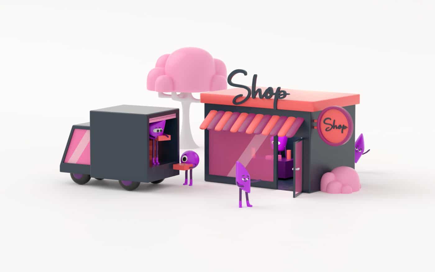 Des petits personnages 3D livrent une boutique depuis un camion