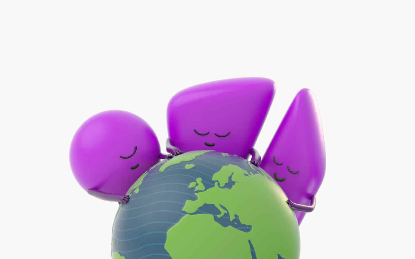 3 petits personnages 3D cajolent la planète