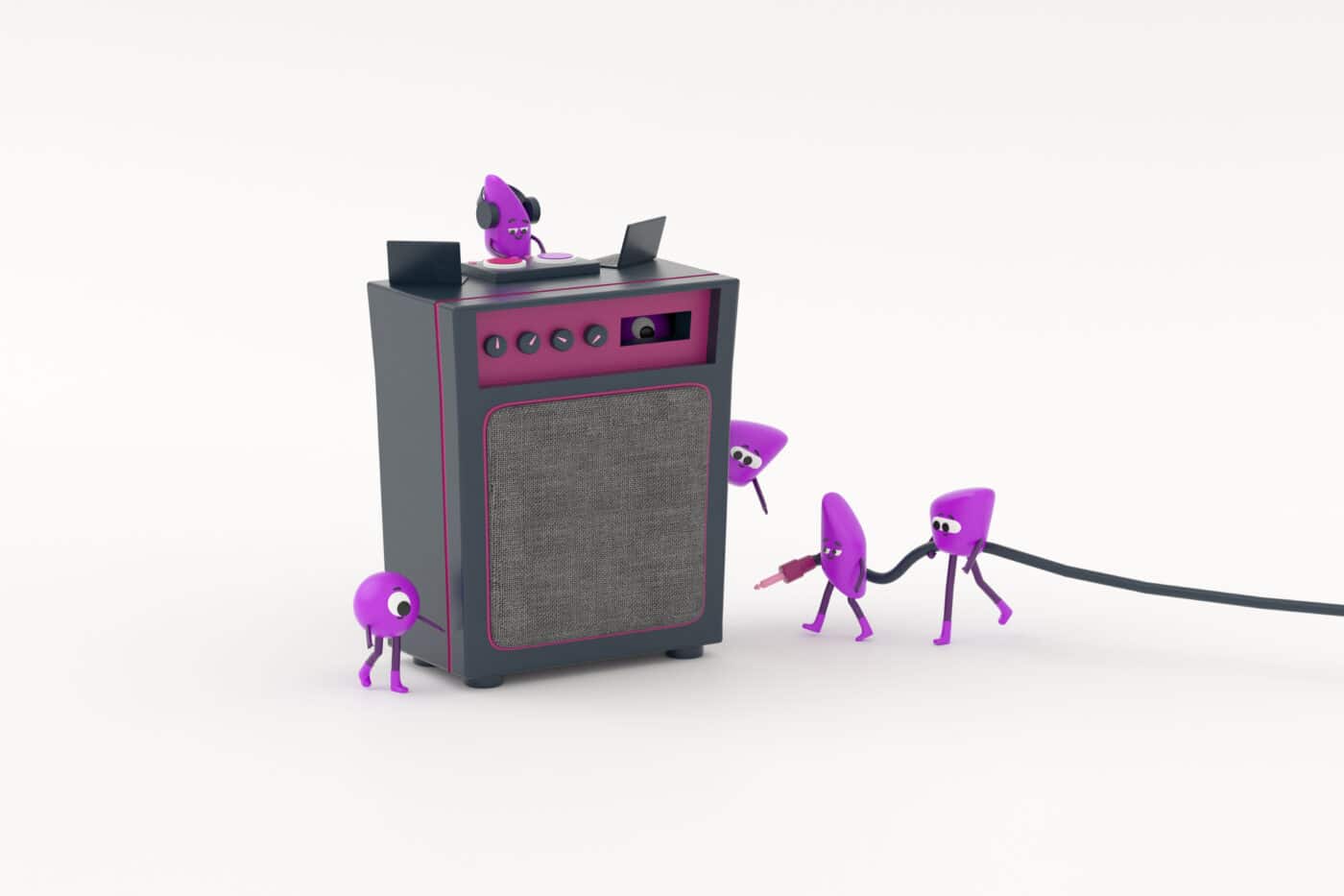 Des petits personnages 3D banche un ampli. L’un d’eux fait du mixage.