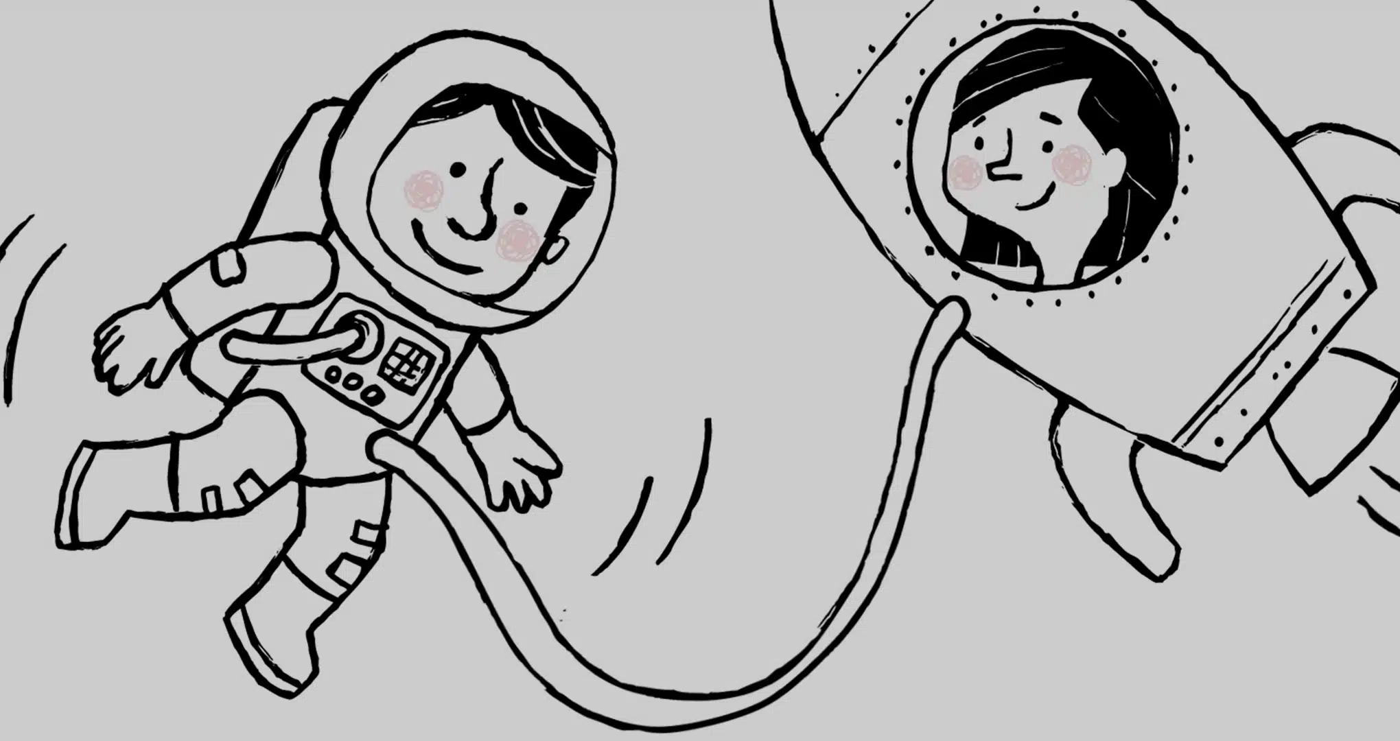 2 personnages illustrés avec un astronaute une femme dans une fusée