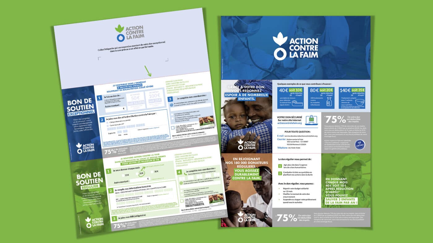 Bon de soutien inclus dans le mailing de prospection pour Action Contre la Faim - Acquisition de donateurs