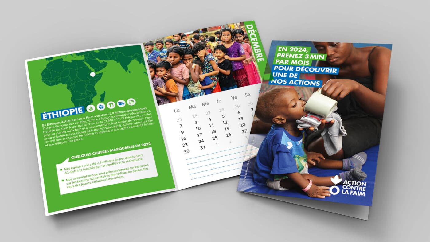 Gift agenda offert aux donateurs dans la campagne de prospection d’Action Contre la Faim, réalisée par Altavia