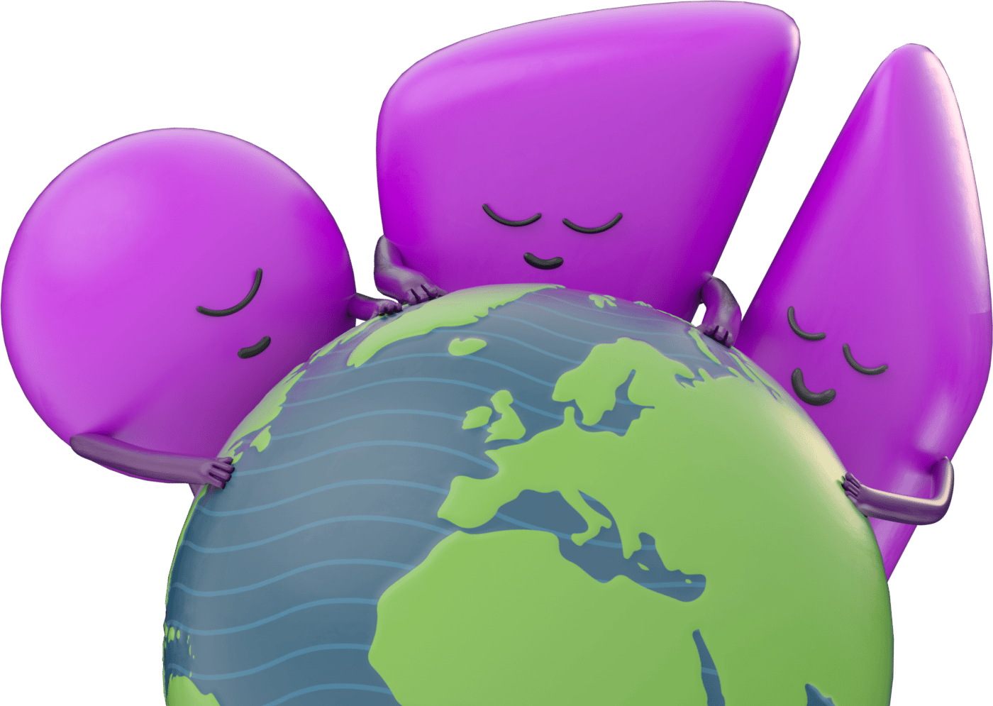 3 mascottes faisant un câlin à la Terre
